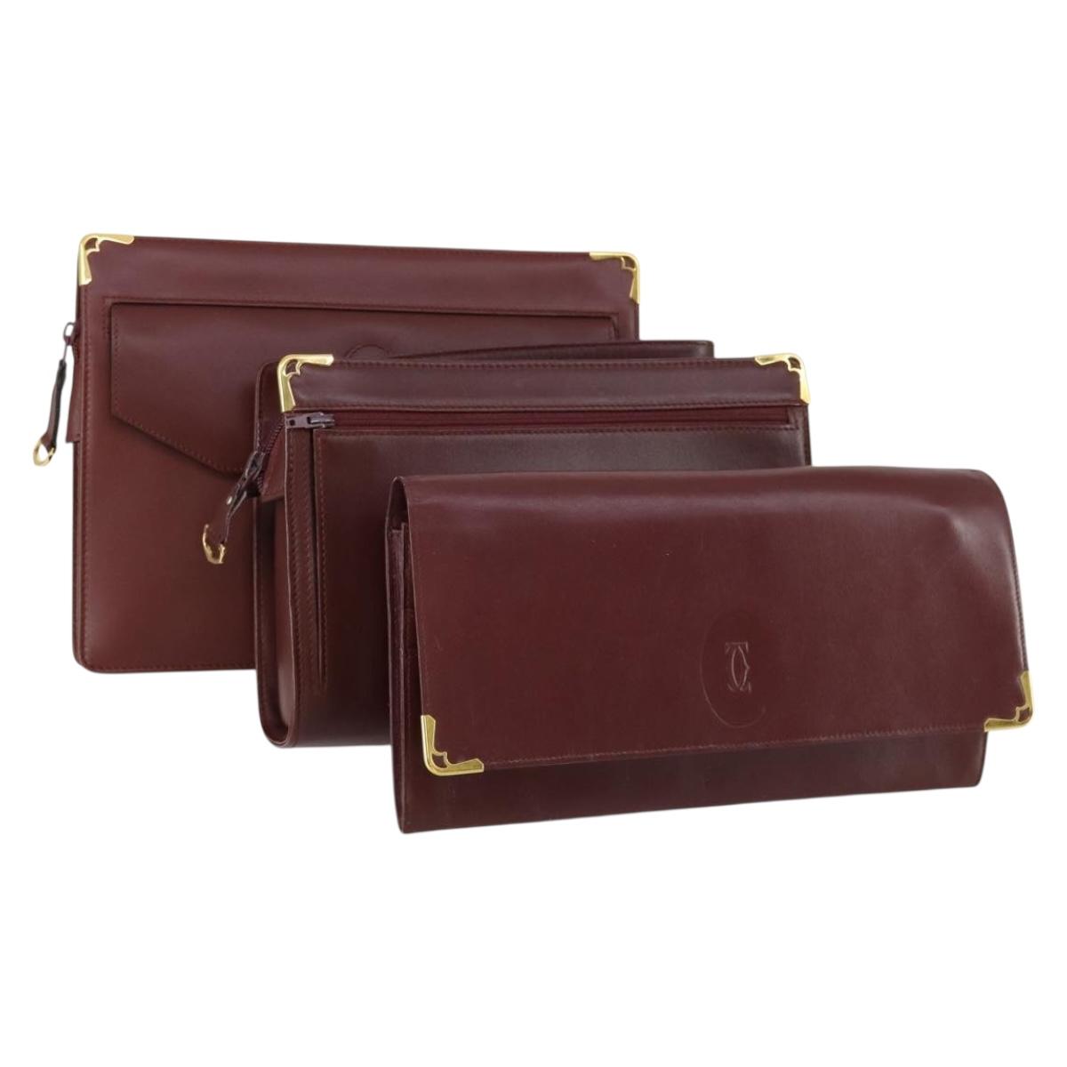 CARTIER Clutch Bag Leather 3 Set Bordeaux Auth 151788