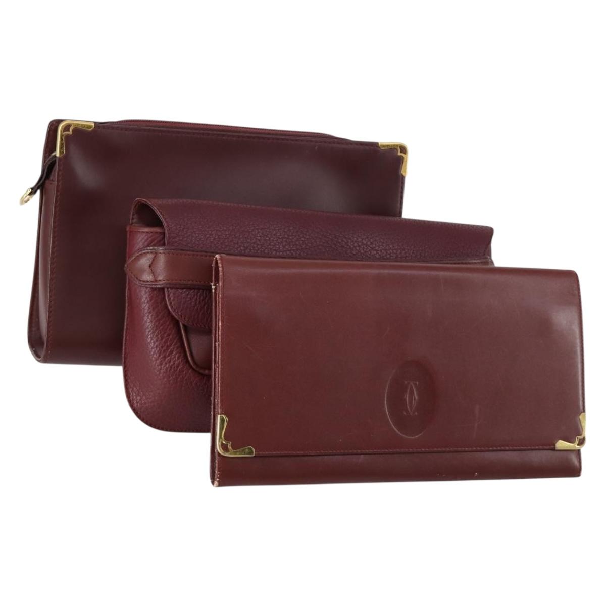 CARTIER Clutch Bag Leather 3 Set Bordeaux Auth 151825