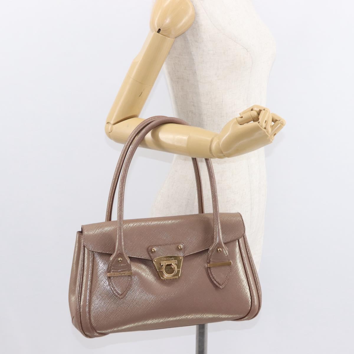 Salvatore Ferragamo Gancini Hand Bag Leather Gold Auth 151852