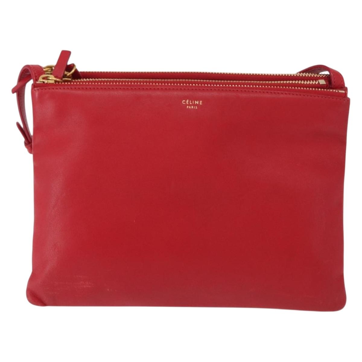 CELINE Trio Shoulder Bag Leather Red Gold Auth 151858