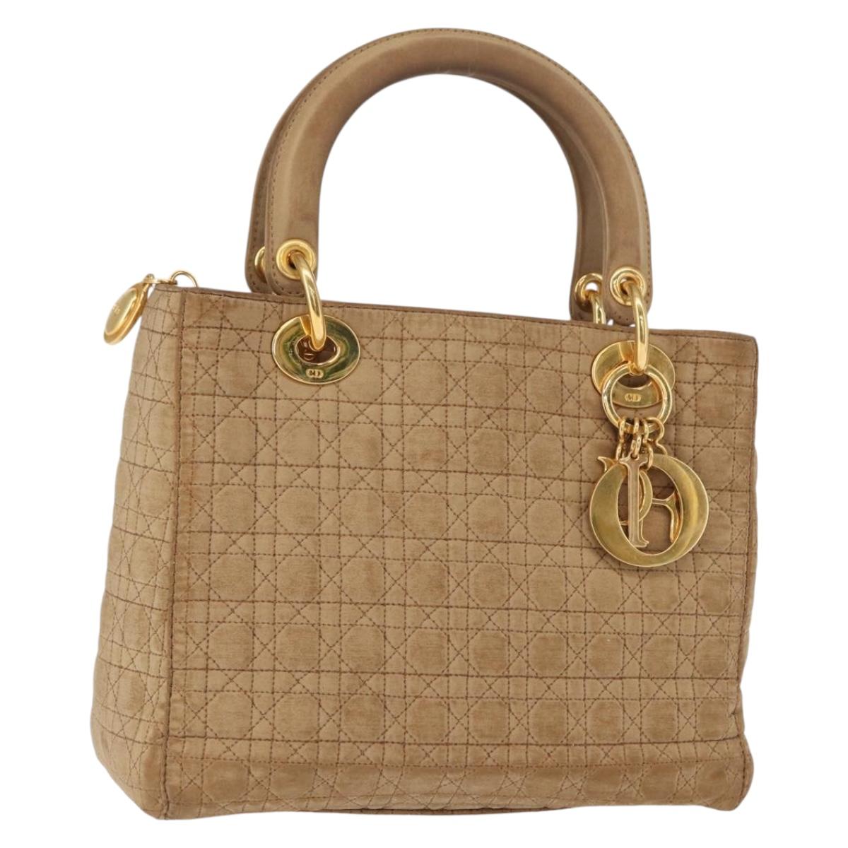 Christian Dior Lady Dior Canage Hand Bag Nylon Beige Gold Auth 151860