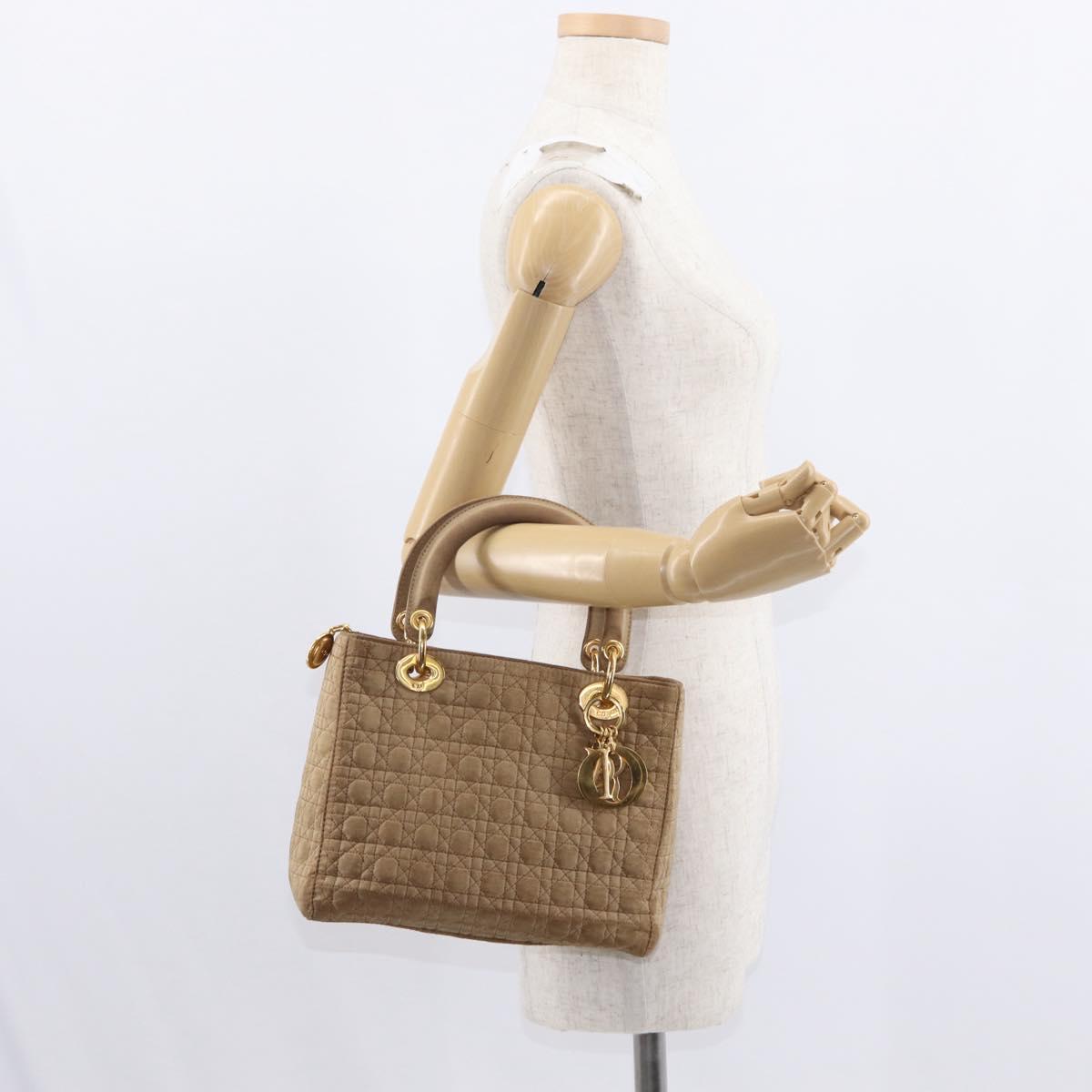 Christian Dior Lady Dior Canage Hand Bag Nylon Beige Gold Auth 151860