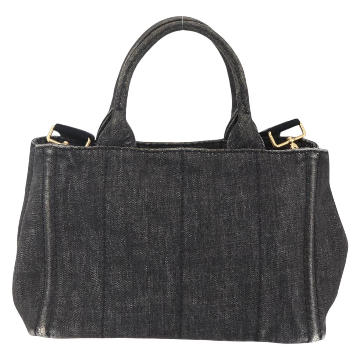 PRADA Canapa PM Hand Bag Denim 2way Black Gold Auth 151881