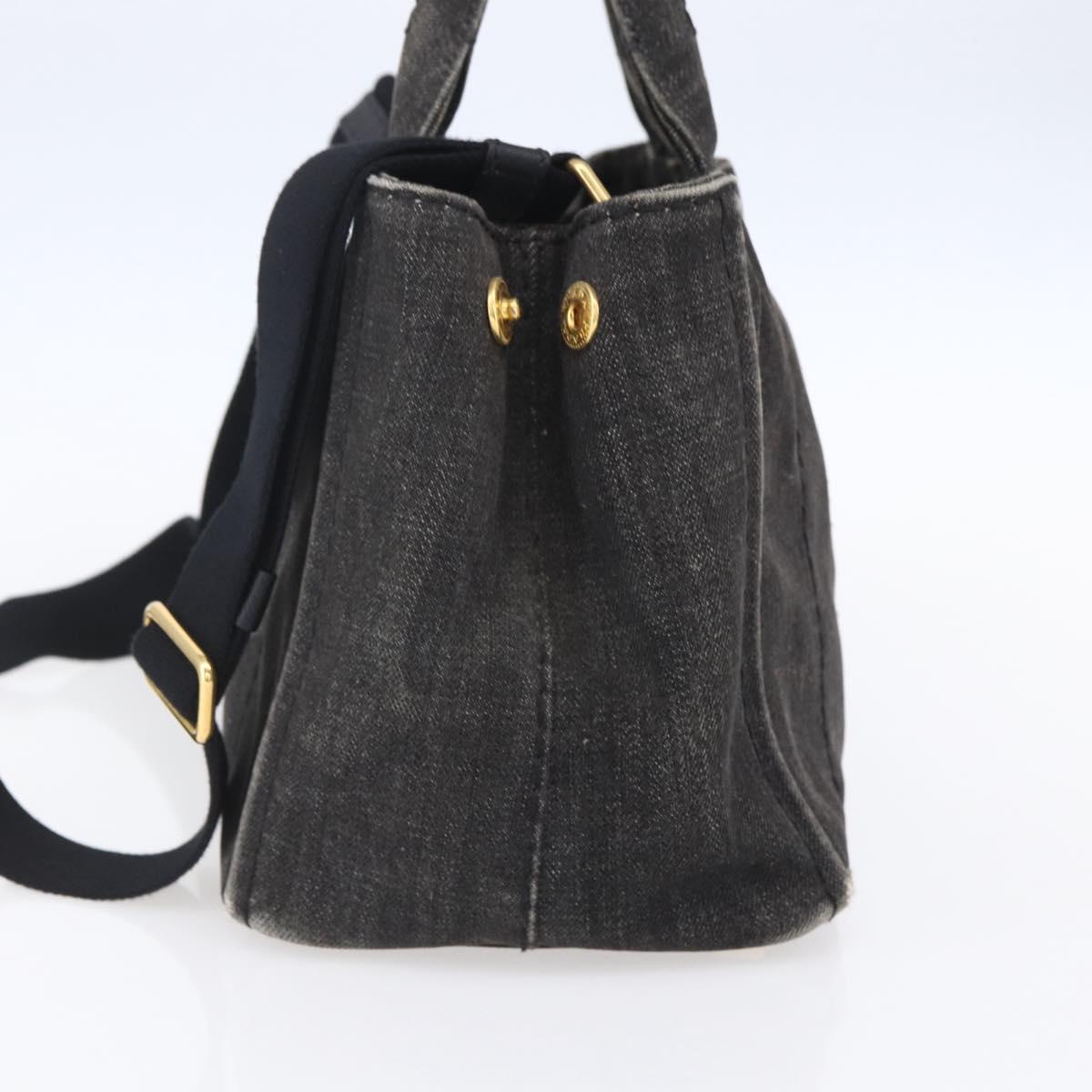 PRADA Canapa PM Hand Bag Denim 2way Black Gold Auth 151881