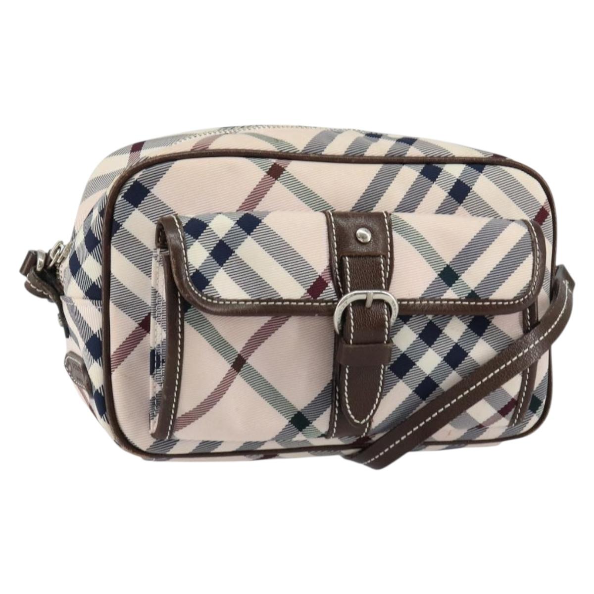 BURBERRY Nova Check Blue Label Shoulder Bag Nylon Beige Silver Auth 151897
