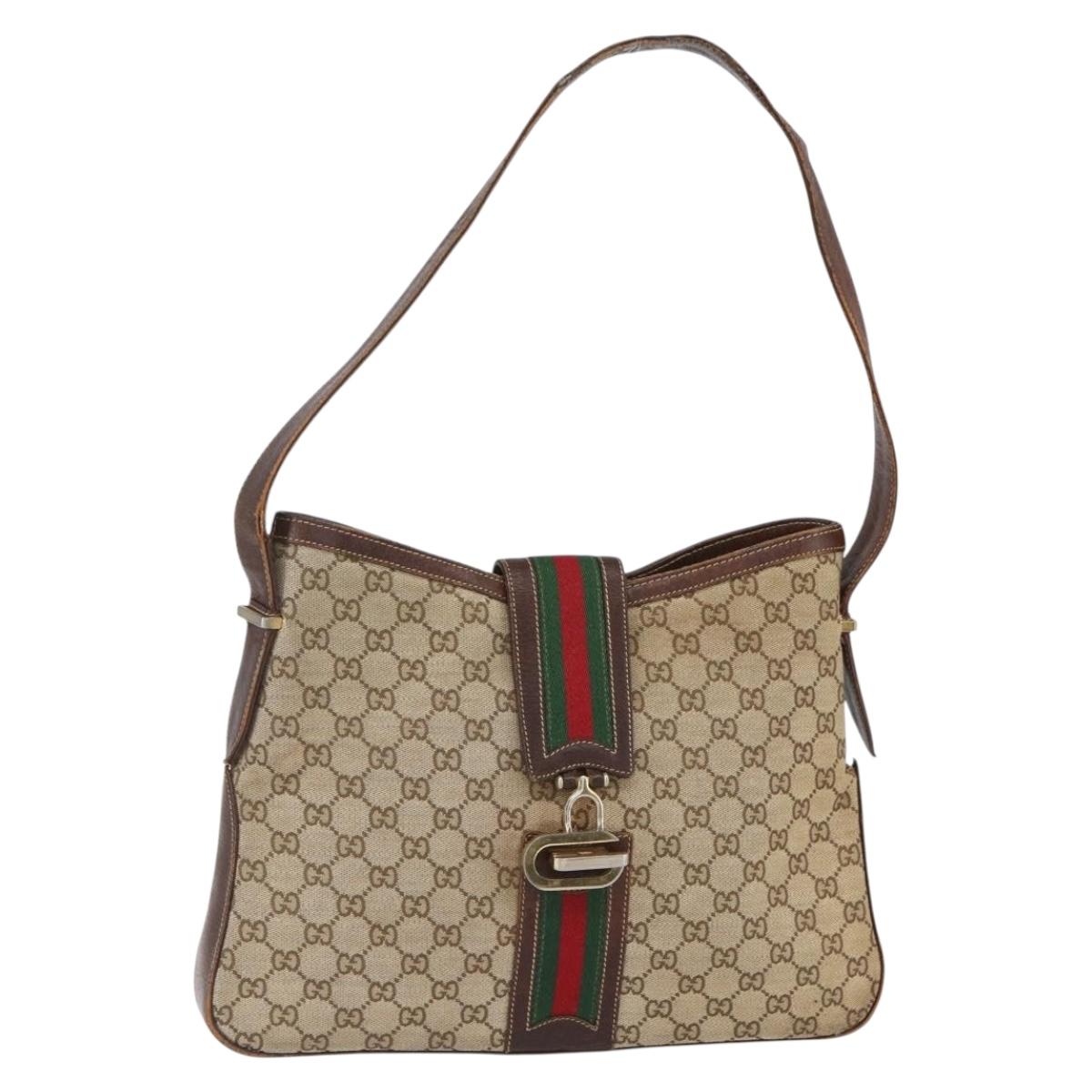 GUCCI GG Supreme Web Sherry Line Shoulder Bag PVC Beige Gold Auth 151924