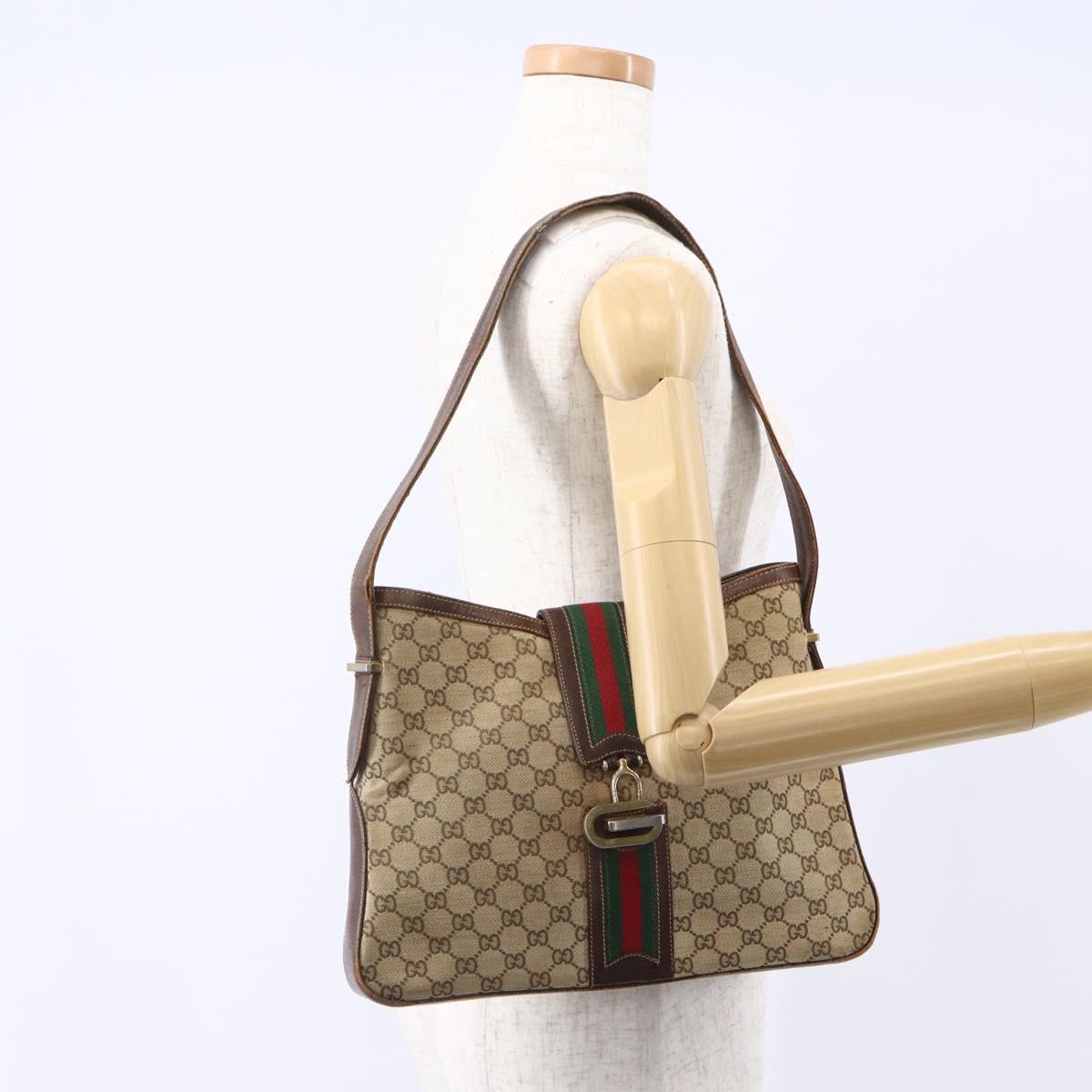 GUCCI GG Supreme Web Sherry Line Shoulder Bag PVC Beige Gold Auth 151924