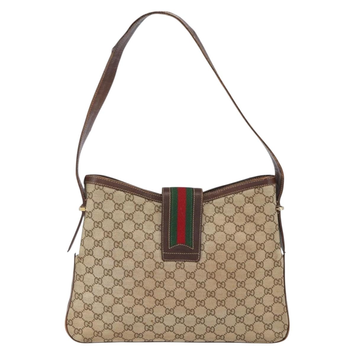 GUCCI GG Supreme Web Sherry Line Shoulder Bag PVC Beige Gold Auth 151924