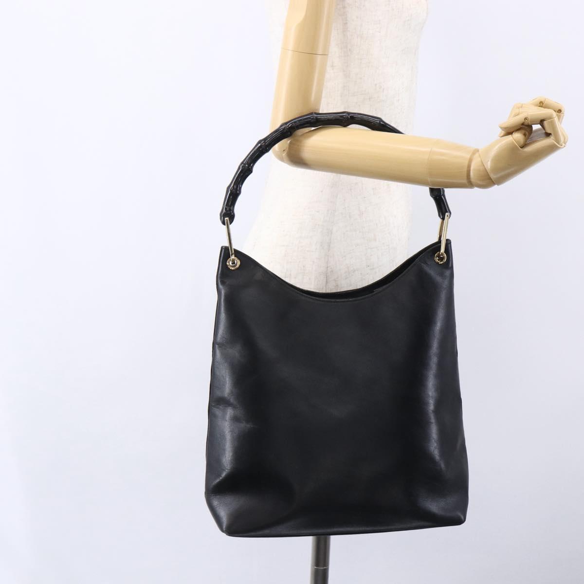 GUCCI Bamboo Shoulder Bag Leather Black Gold Auth 151973