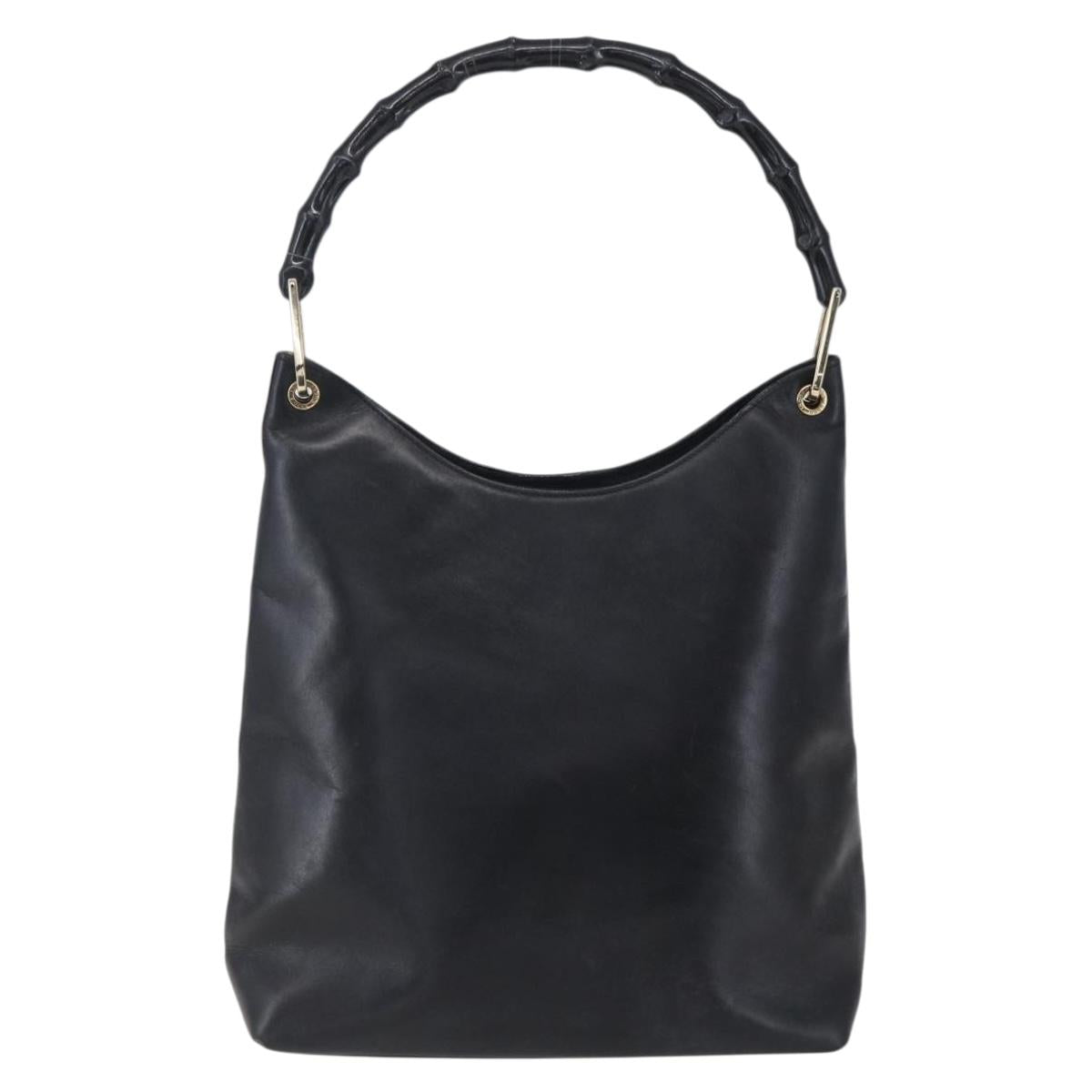 GUCCI Bamboo Shoulder Bag Leather Black Gold Auth 151973
