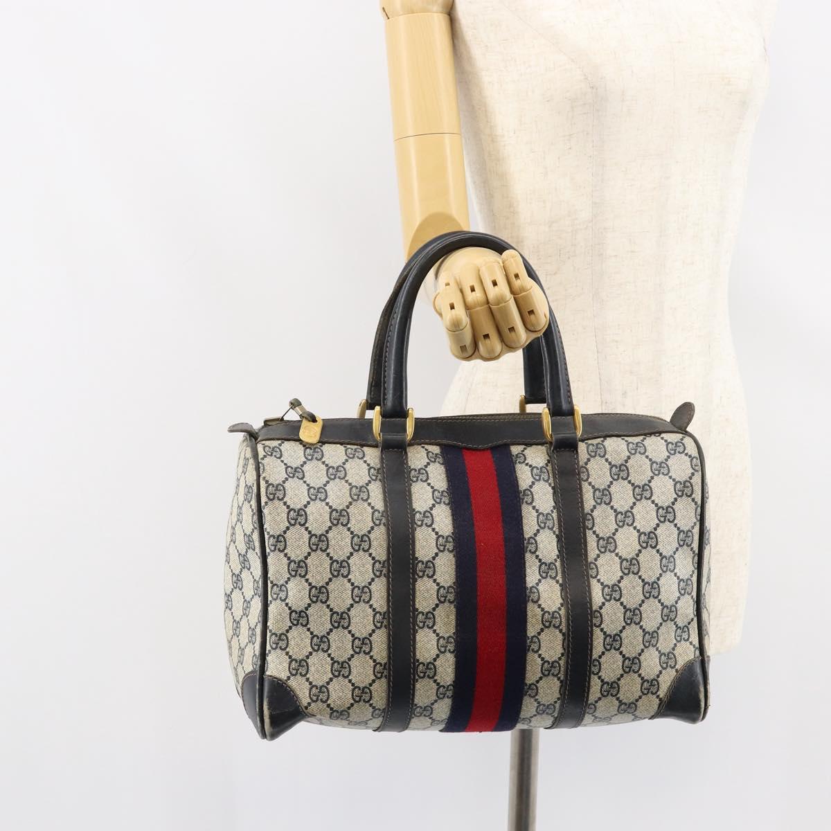 GUCCI GG Supreme Sherry Line Boston Bag PVC Navy Gold Red Auth 151975