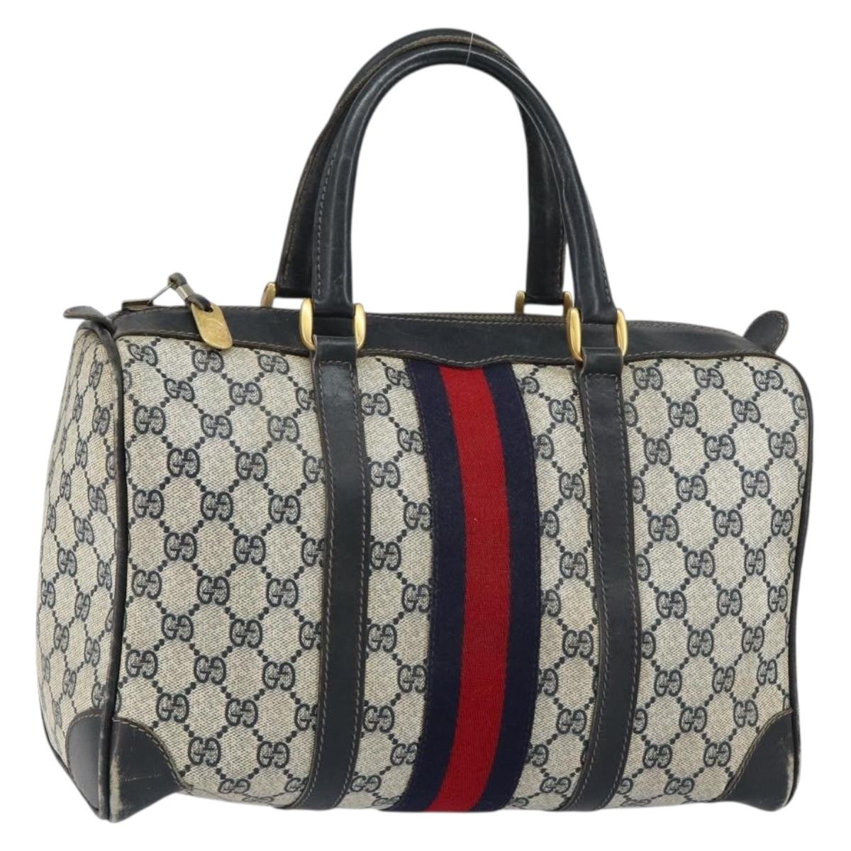 GUCCI GG Supreme Sherry Line Boston Bag PVC Navy Gold Red Auth 151975
