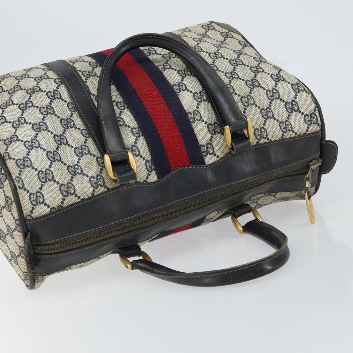 GUCCI GG Supreme Sherry Line Boston Bag PVC Navy Gold Red Auth 151975