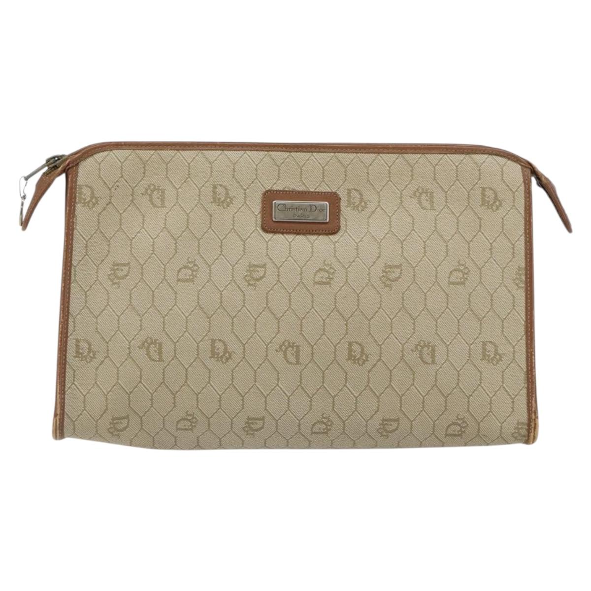 Christian Dior Honeycomb Canvas Clutch Bag PVC Beige Gold Auth 151989
