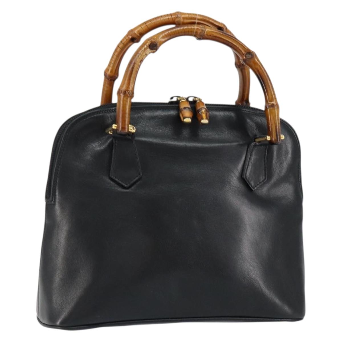 GUCCI Bamboo Hand Bag Leather Black Gold 000 1274 0290 Auth 152044