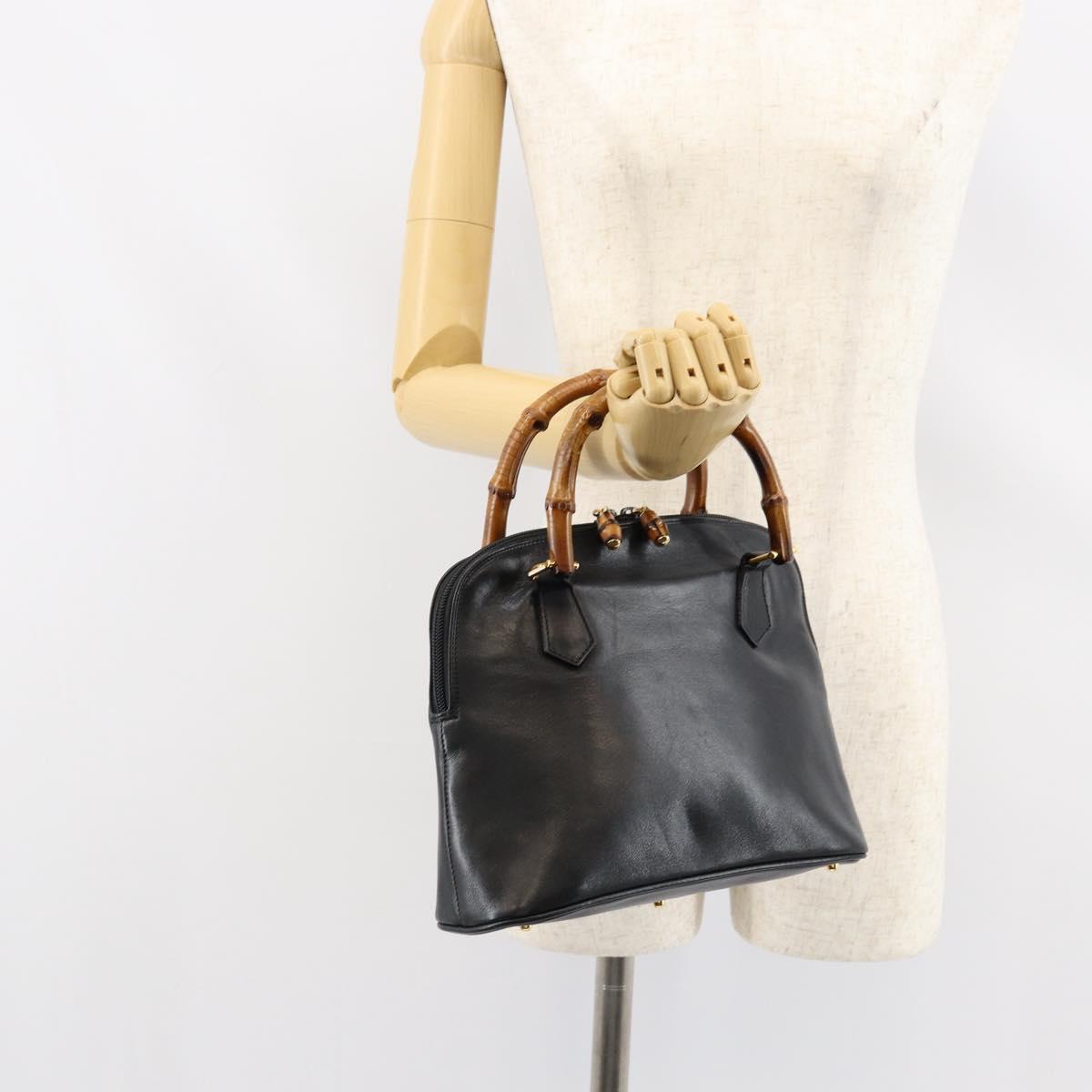 GUCCI Bamboo Hand Bag Leather Black Gold 000 1274 0290 Auth 152044