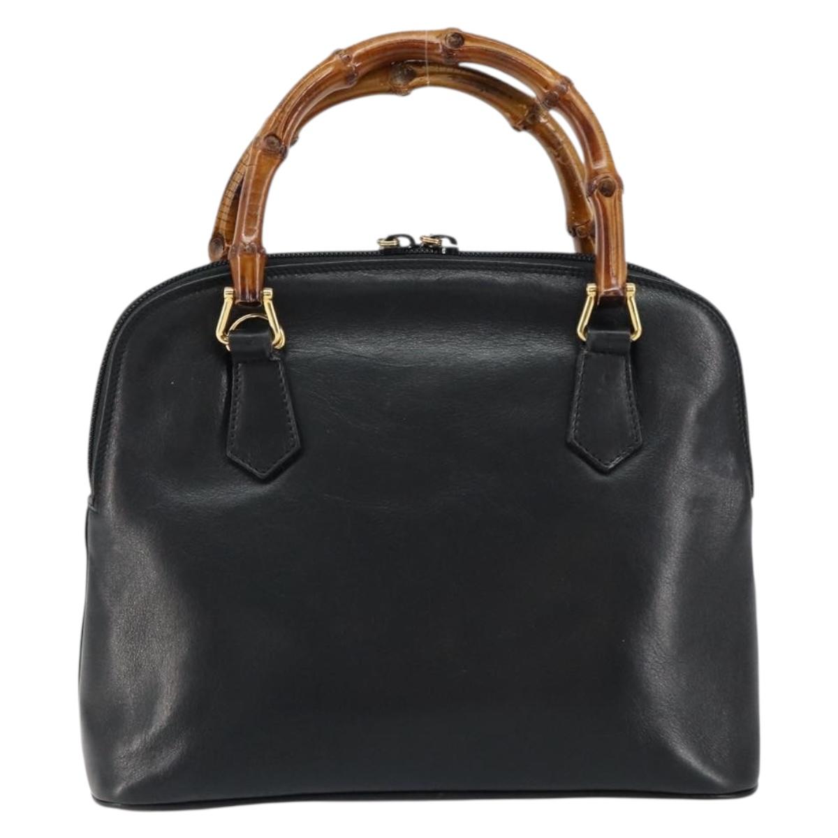 GUCCI Bamboo Hand Bag Leather Black Gold 000 1274 0290 Auth 152044