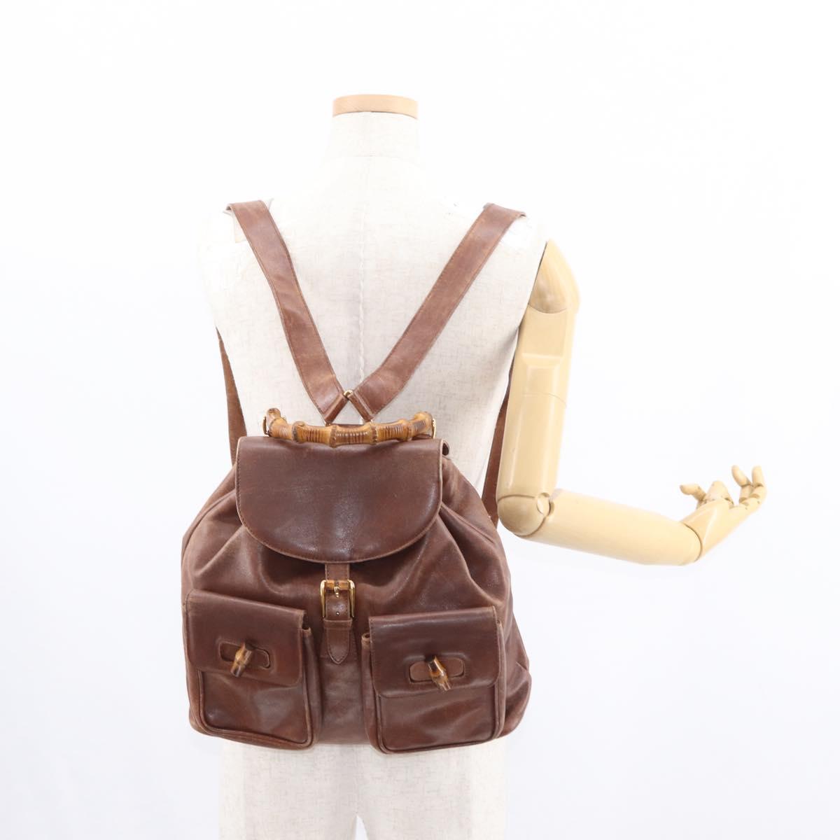 GUCCI Bamboo Backpack Leather Brown Gold 003 2058 0016 Auth 152053