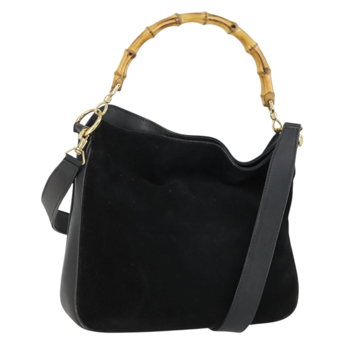 GUCCI Bamboo Shoulder Bag Suede 2way Black Gold 001 2058 1638 0 Auth 152069