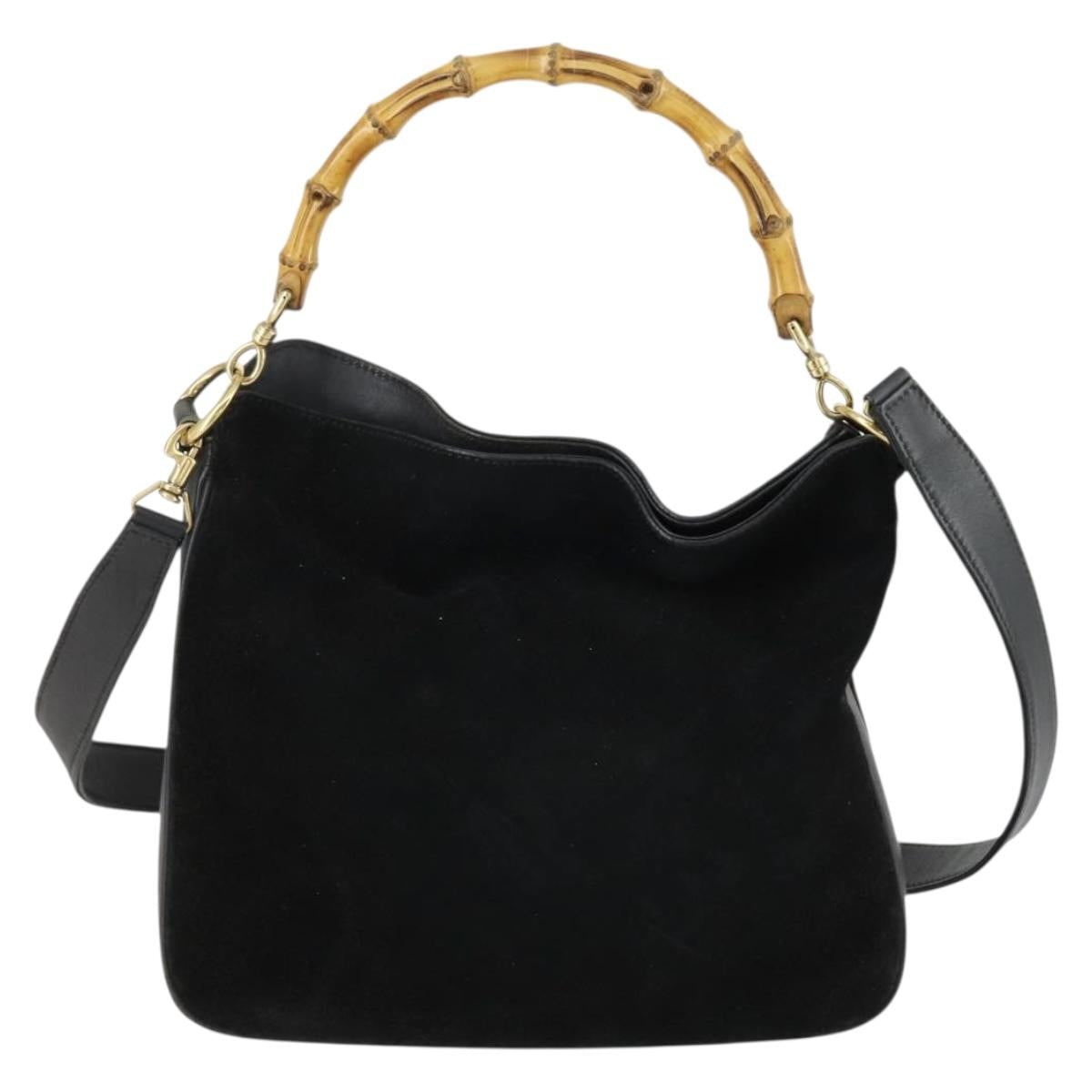 GUCCI Bamboo Shoulder Bag Suede 2way Black Gold 001 2058 1638 0 Auth 152069