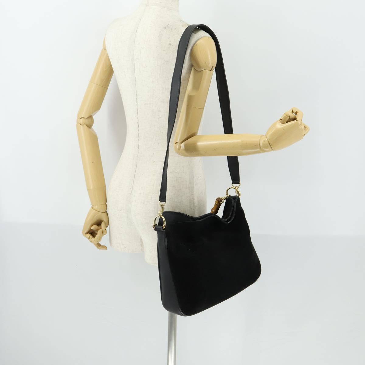 GUCCI Bamboo Shoulder Bag Suede 2way Black Gold 001 2058 1638 0 Auth 152069