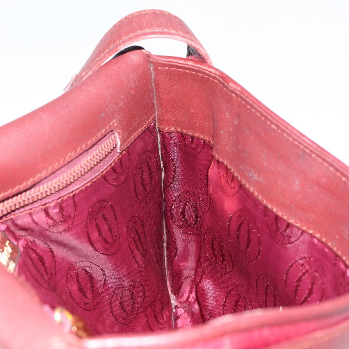 CARTIER Shoulder Bag Leather Red Gold Auth 152080