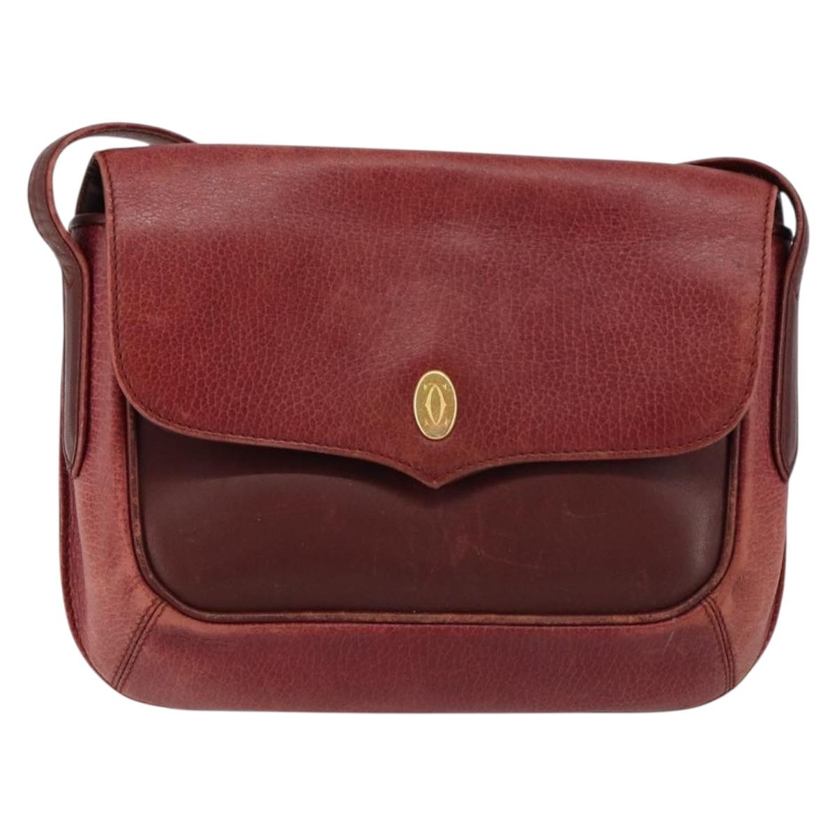 CARTIER Shoulder Bag Leather Red Gold Auth 152080