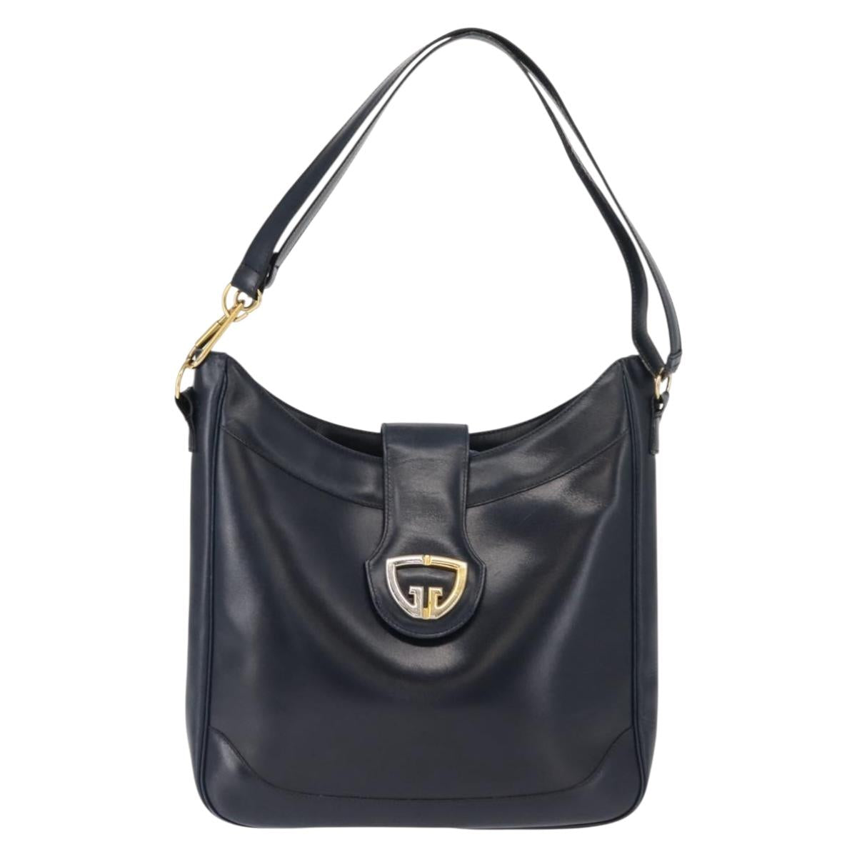GUCCI Shoulder Bag Leather Navy Gold Auth 152101