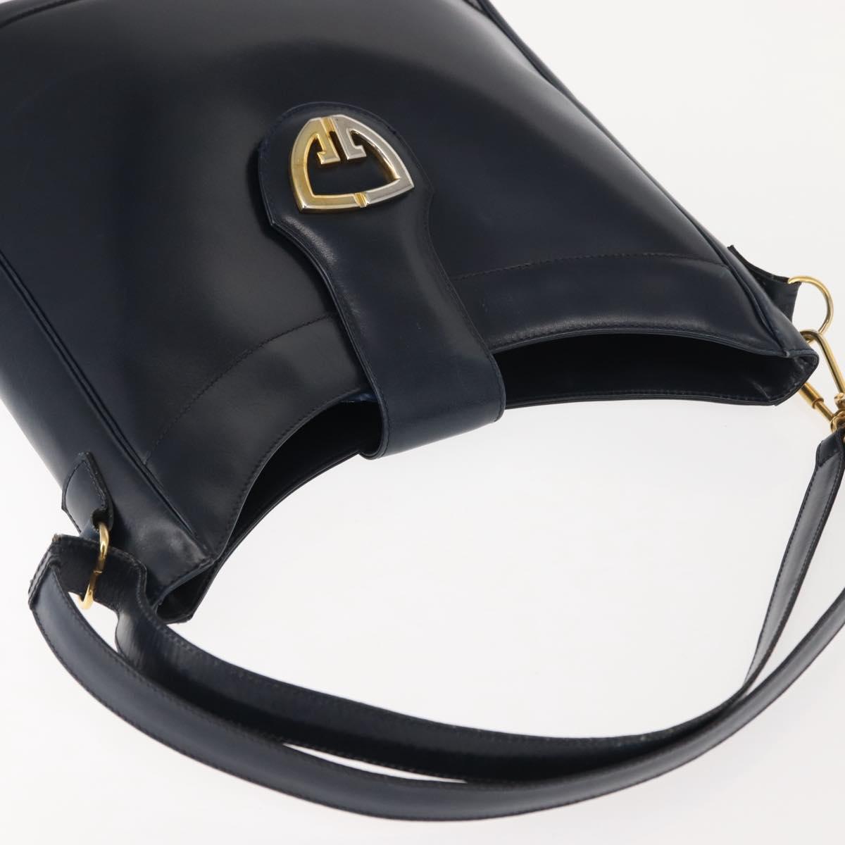 GUCCI Shoulder Bag Leather Navy Gold Auth 152101