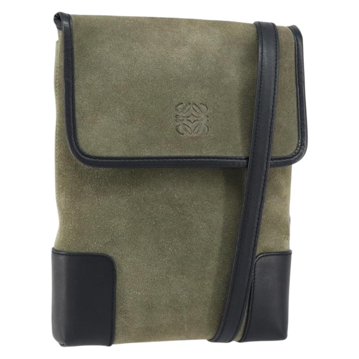 LOEWE Anagram Shoulder Bag Suede Leather Gray Gold Auth 152120