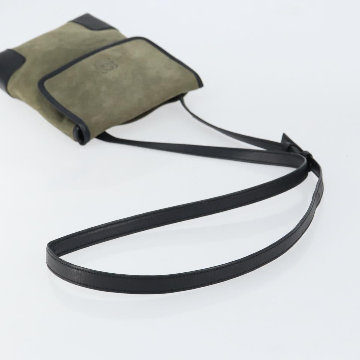 LOEWE Anagram Shoulder Bag Suede Leather Gray Gold Auth 152120