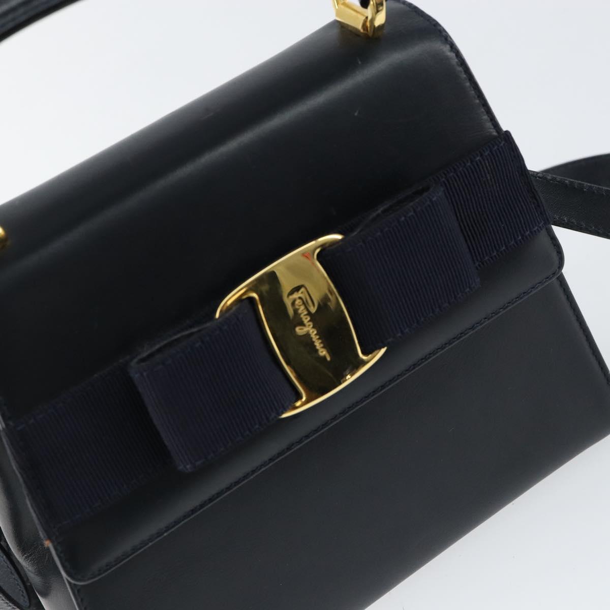 Salvatore Ferragamo Vala Ribbon Hand Bag Leather 2way Navy Gold Auth 152145