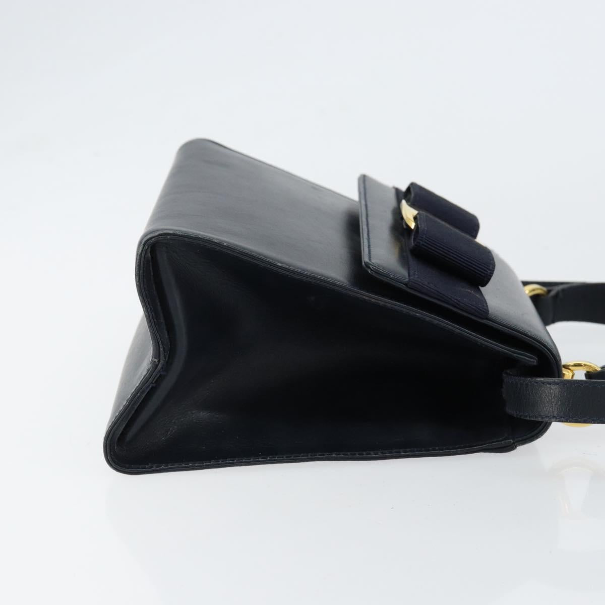 Salvatore Ferragamo Vala Ribbon Hand Bag Leather 2way Navy Gold Auth 152145