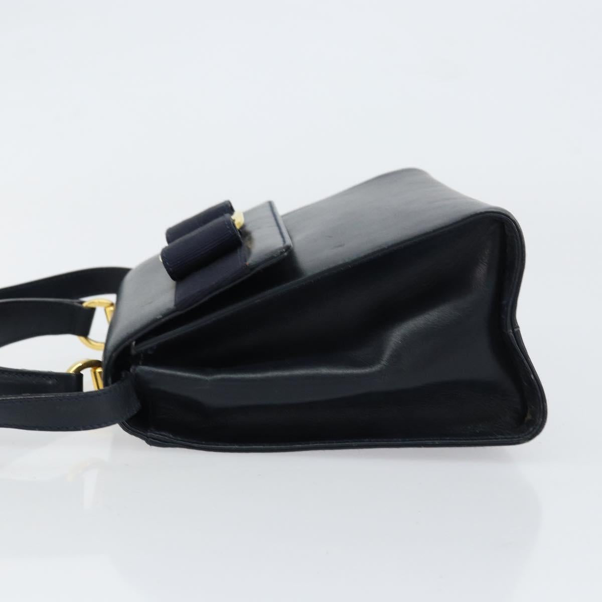 Salvatore Ferragamo Vala Ribbon Hand Bag Leather 2way Navy Gold Auth 152145