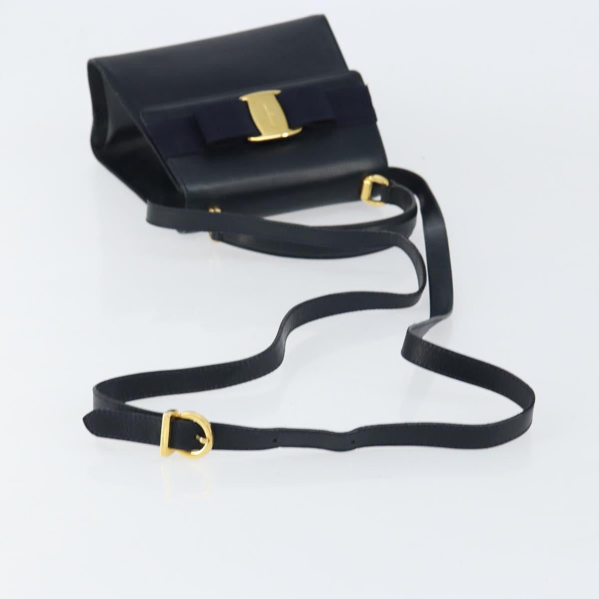 Salvatore Ferragamo Vala Ribbon Hand Bag Leather 2way Navy Gold Auth 152145