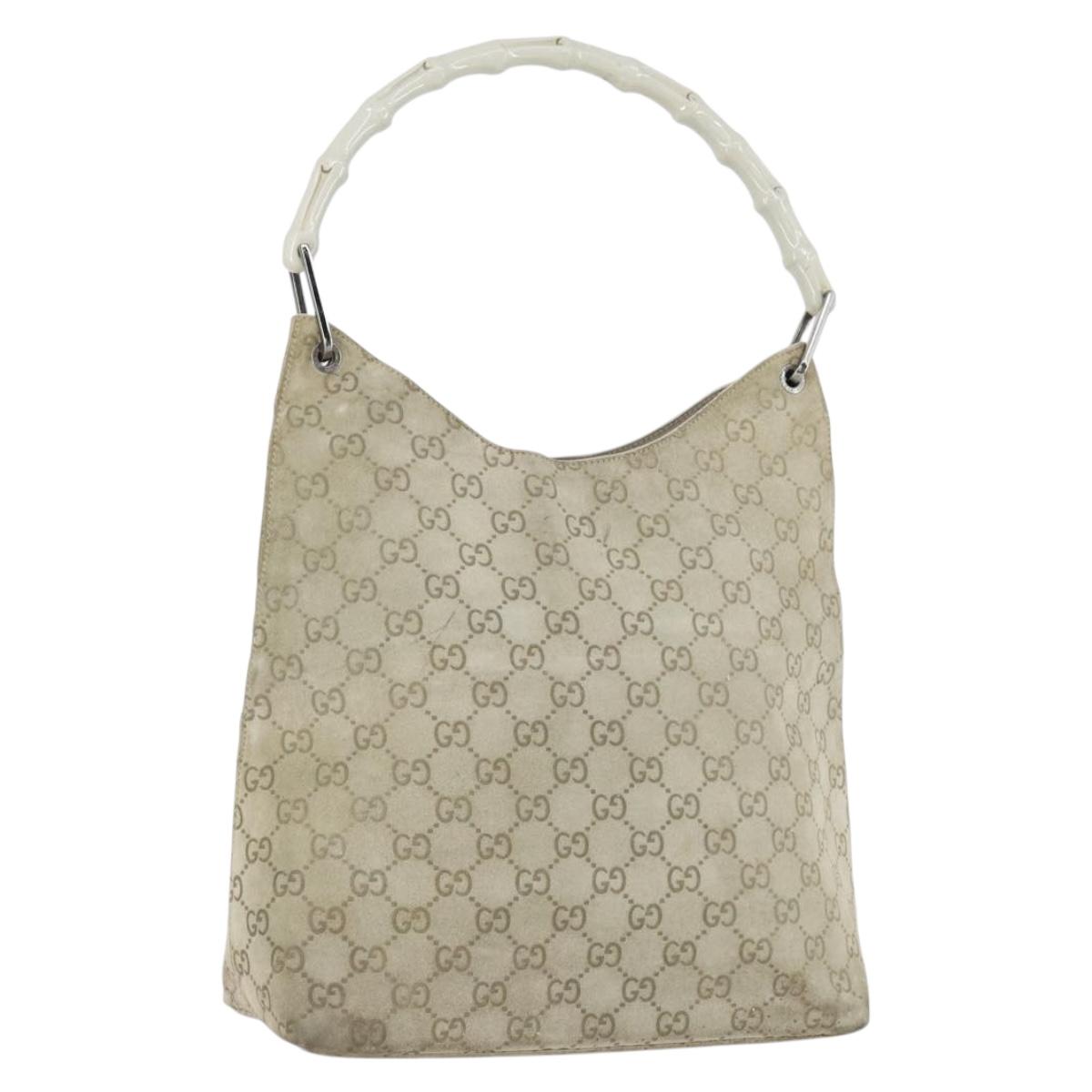 GUCCI Bamboo GG Canvas Hand Bag Suede Beige Silver 001 1705 3006 Auth 152147