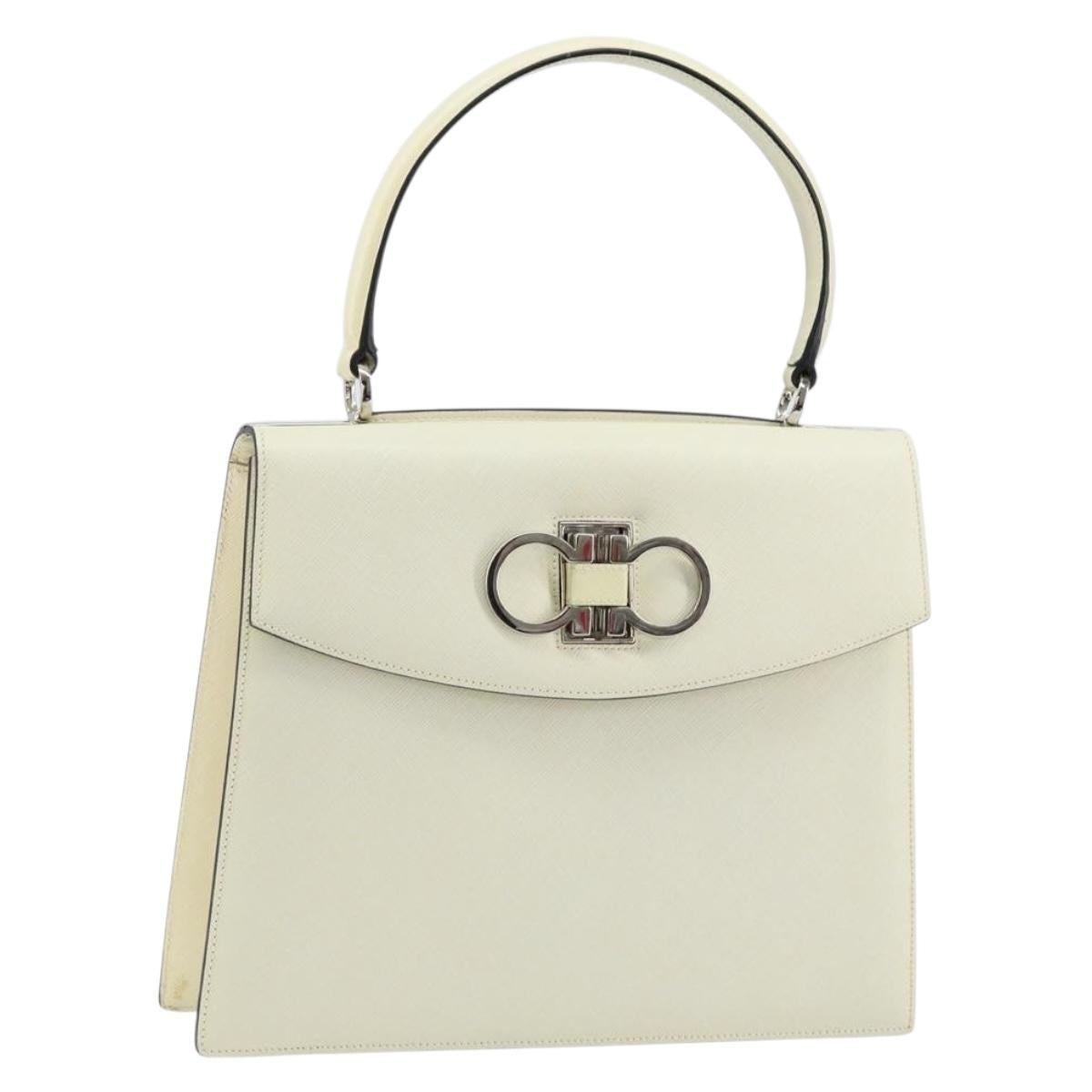 Salvatore Ferragamo Hand Bag Leather White Silver Auth 152186