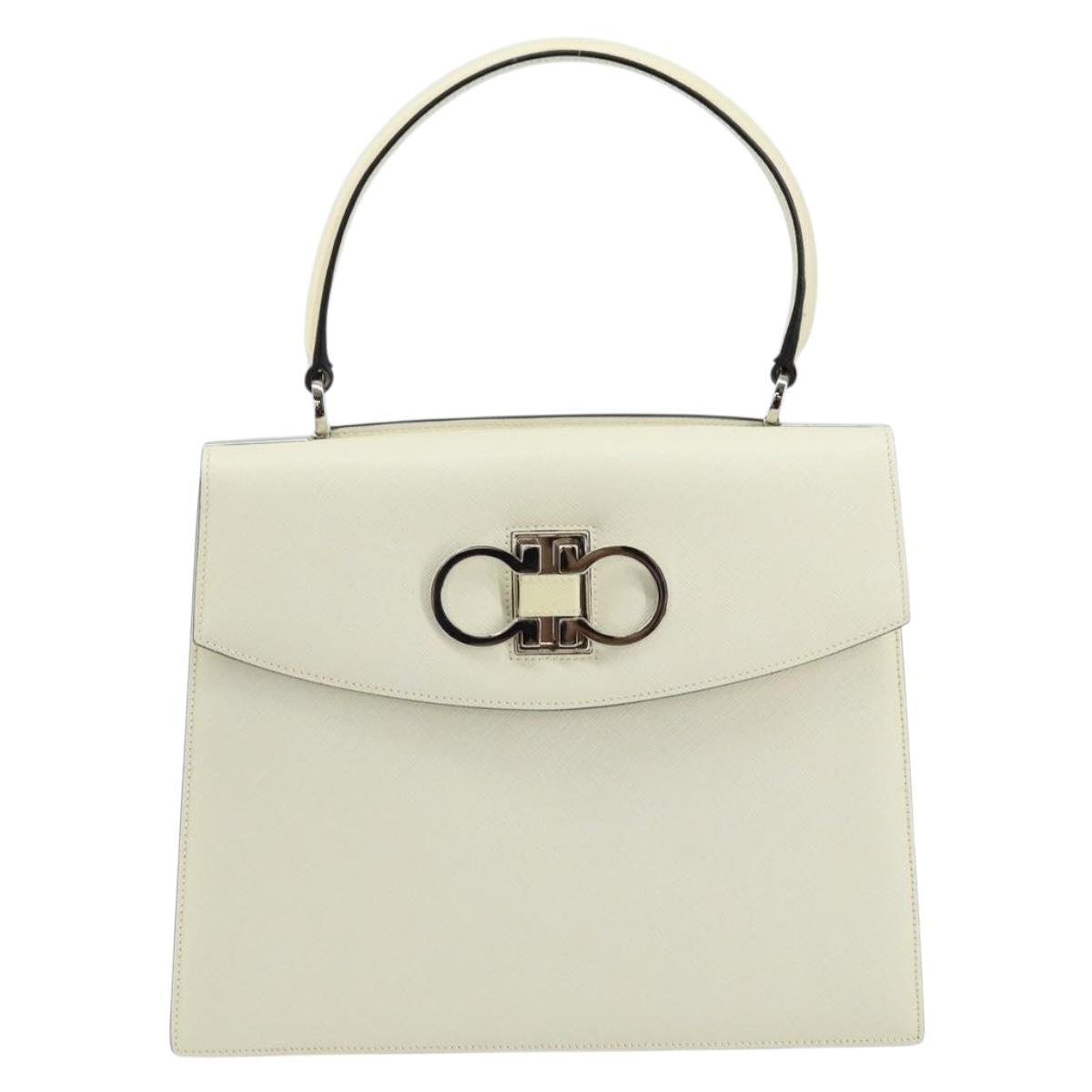 Salvatore Ferragamo Hand Bag Leather White Silver Auth 152186
