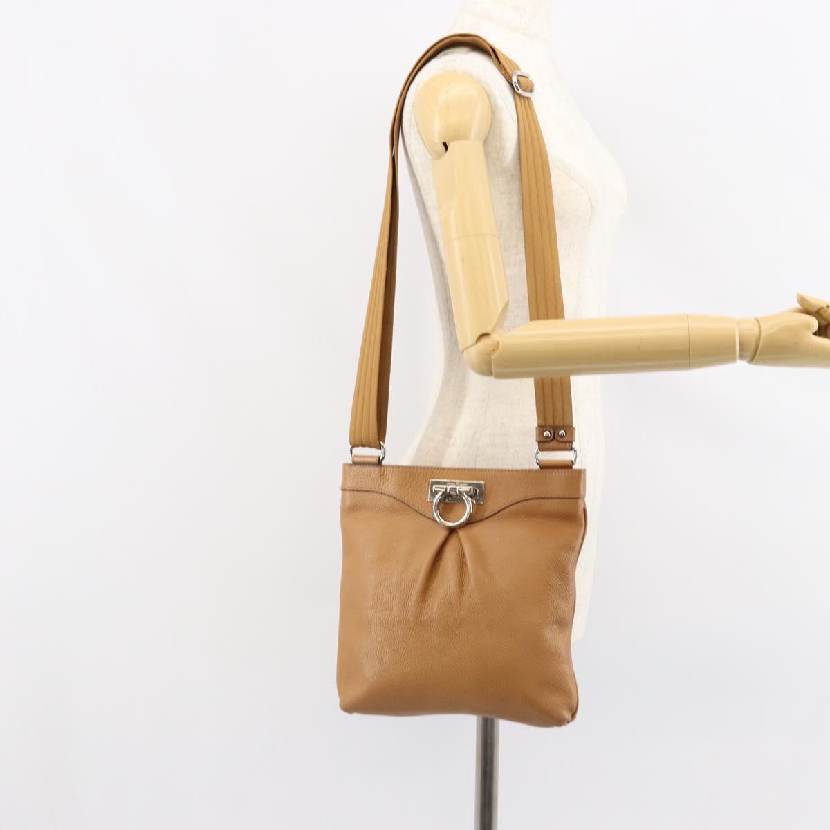 Salvatore Ferragamo Gancini Shoulder Bag Leather Brown Silver Auth 152196