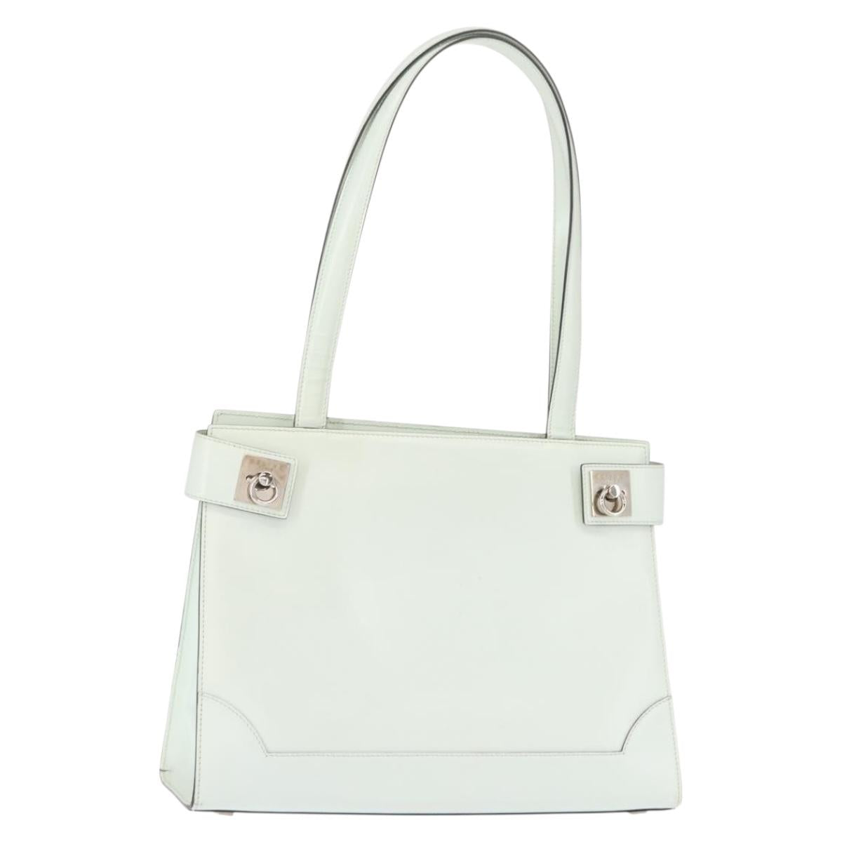 CELINE Tote Bag Leather Silver White Auth 152230