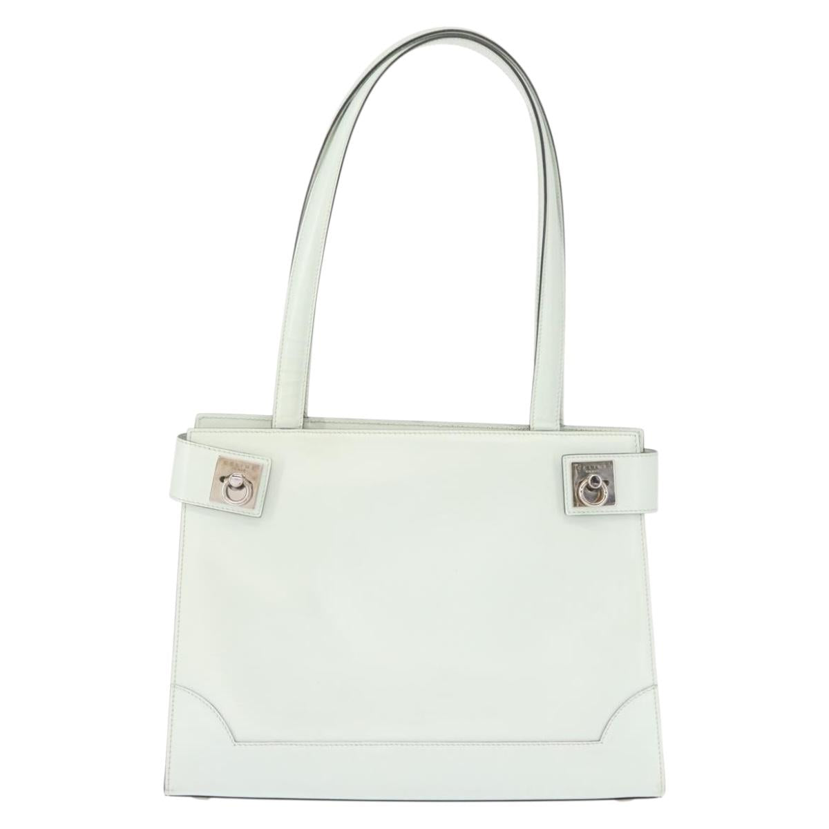 CELINE Tote Bag Leather Silver White Auth 152230