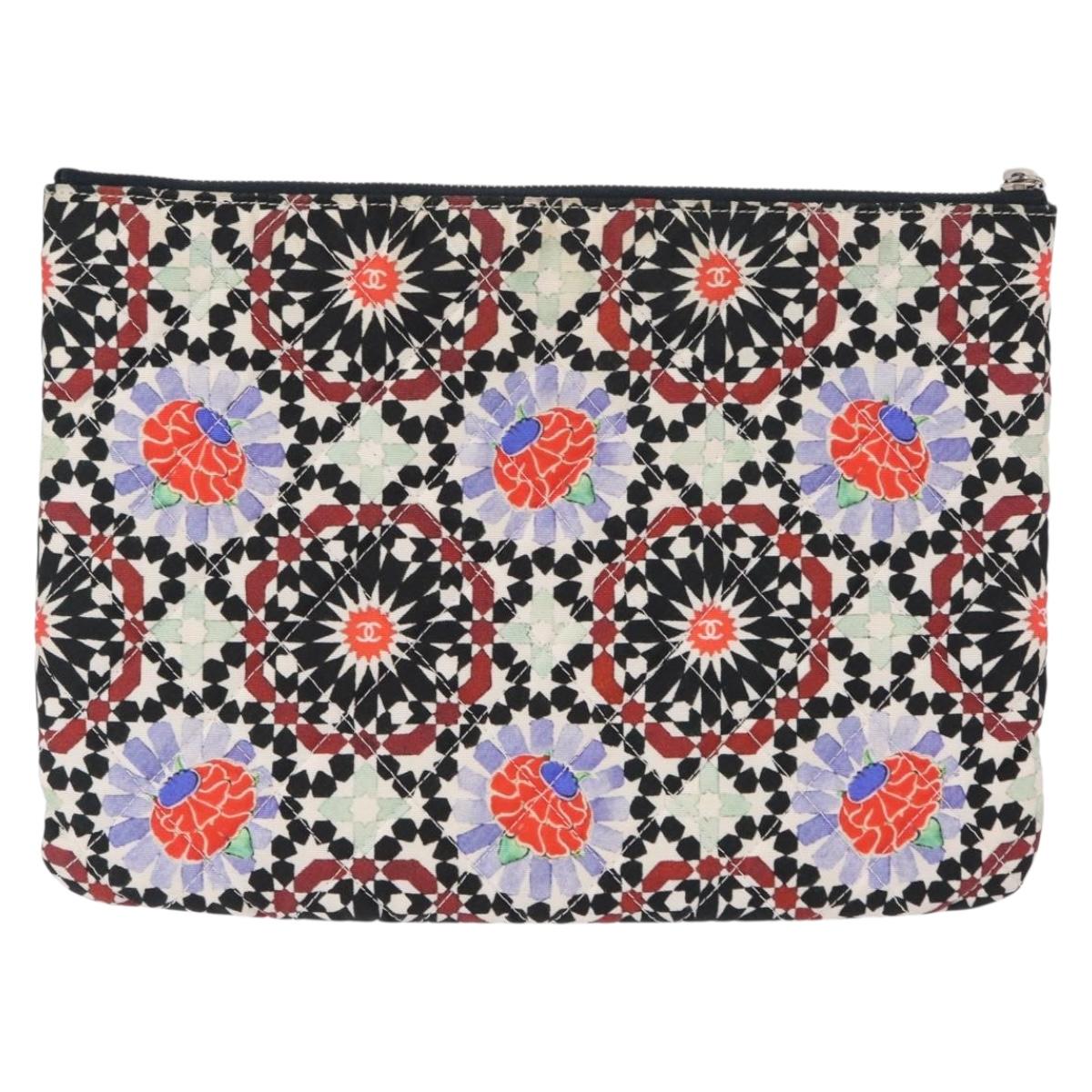 CHANEL COCO Mark Floral Clutch Bag Nylon Black Silver CC Auth 152233