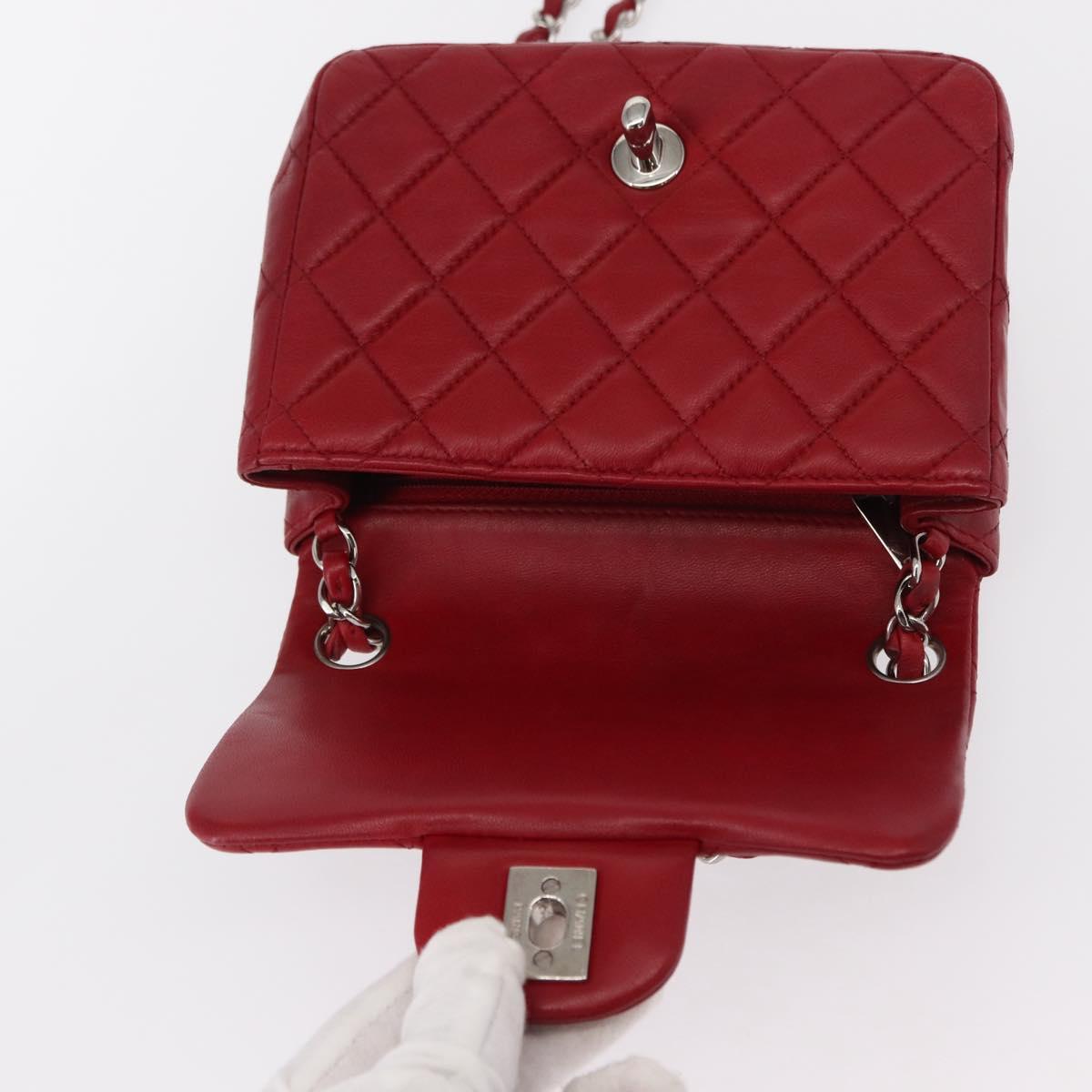 CHANEL Mini Materasse 17 Chain Shoulder Bag Lamb Skin Red Silver CC Auth 152236V