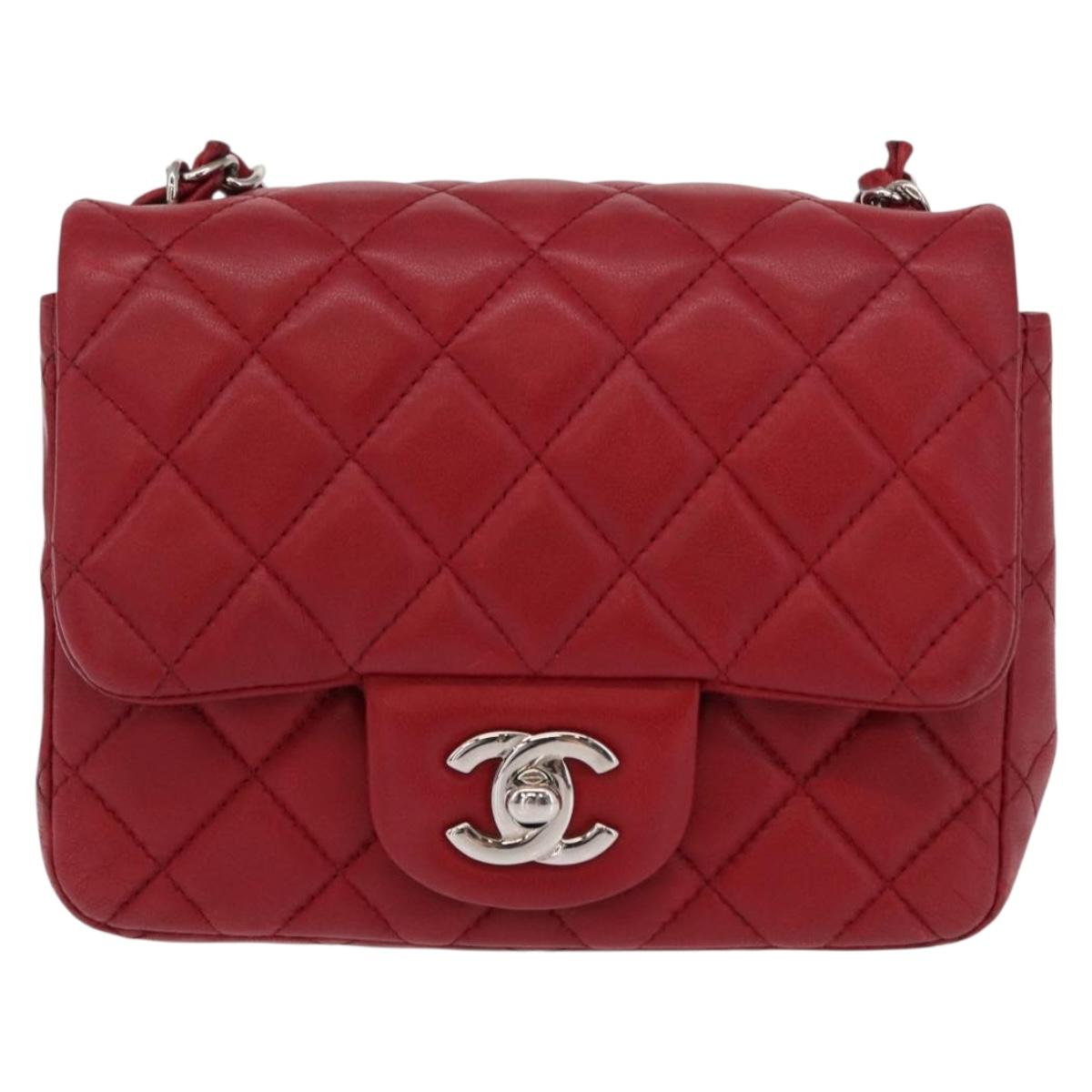 CHANEL Mini Materasse 17 Chain Shoulder Bag Lamb Skin Red Silver CC Auth 152236V