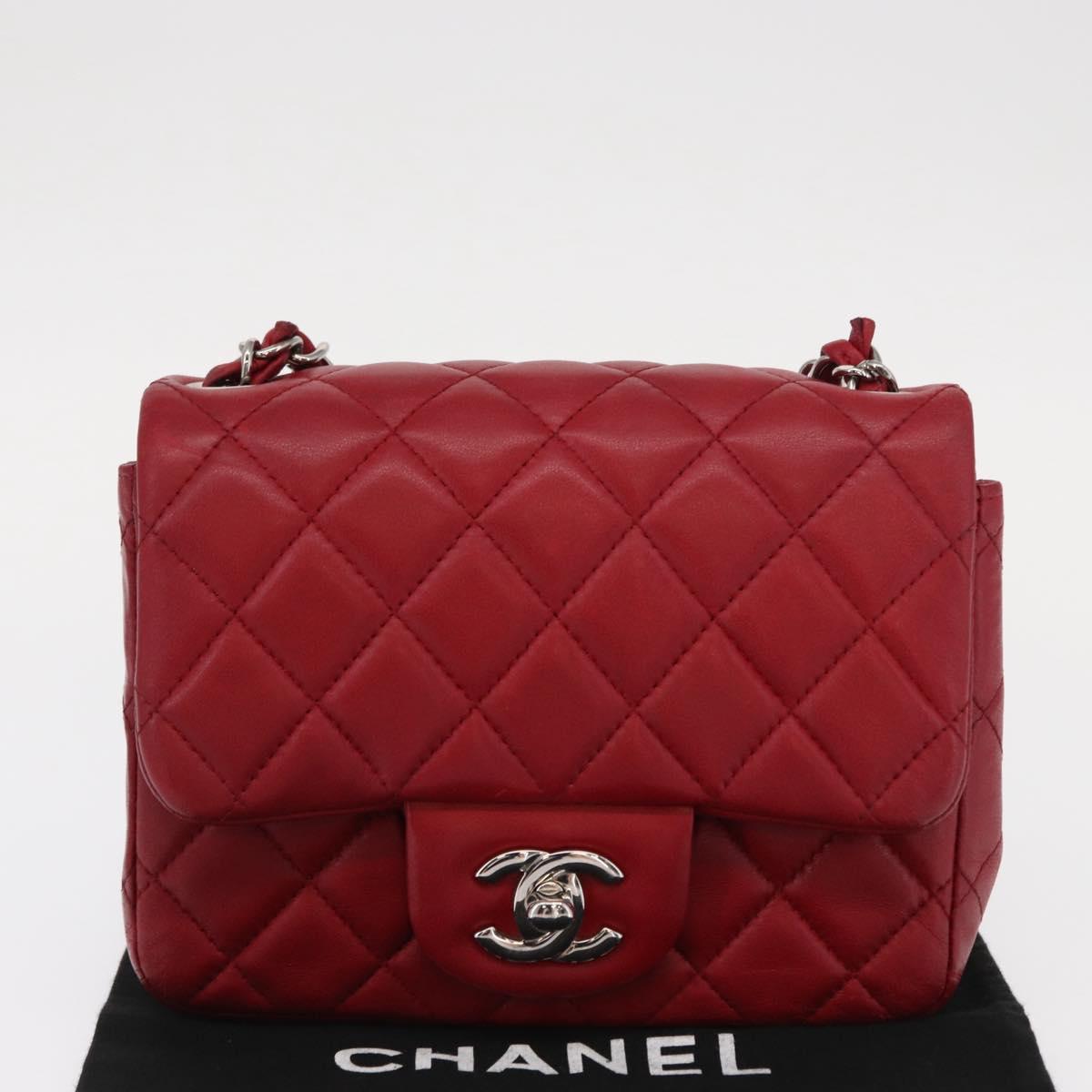CHANEL Mini Materasse 17 Chain Shoulder Bag Lamb Skin Red Silver CC Auth 152236V