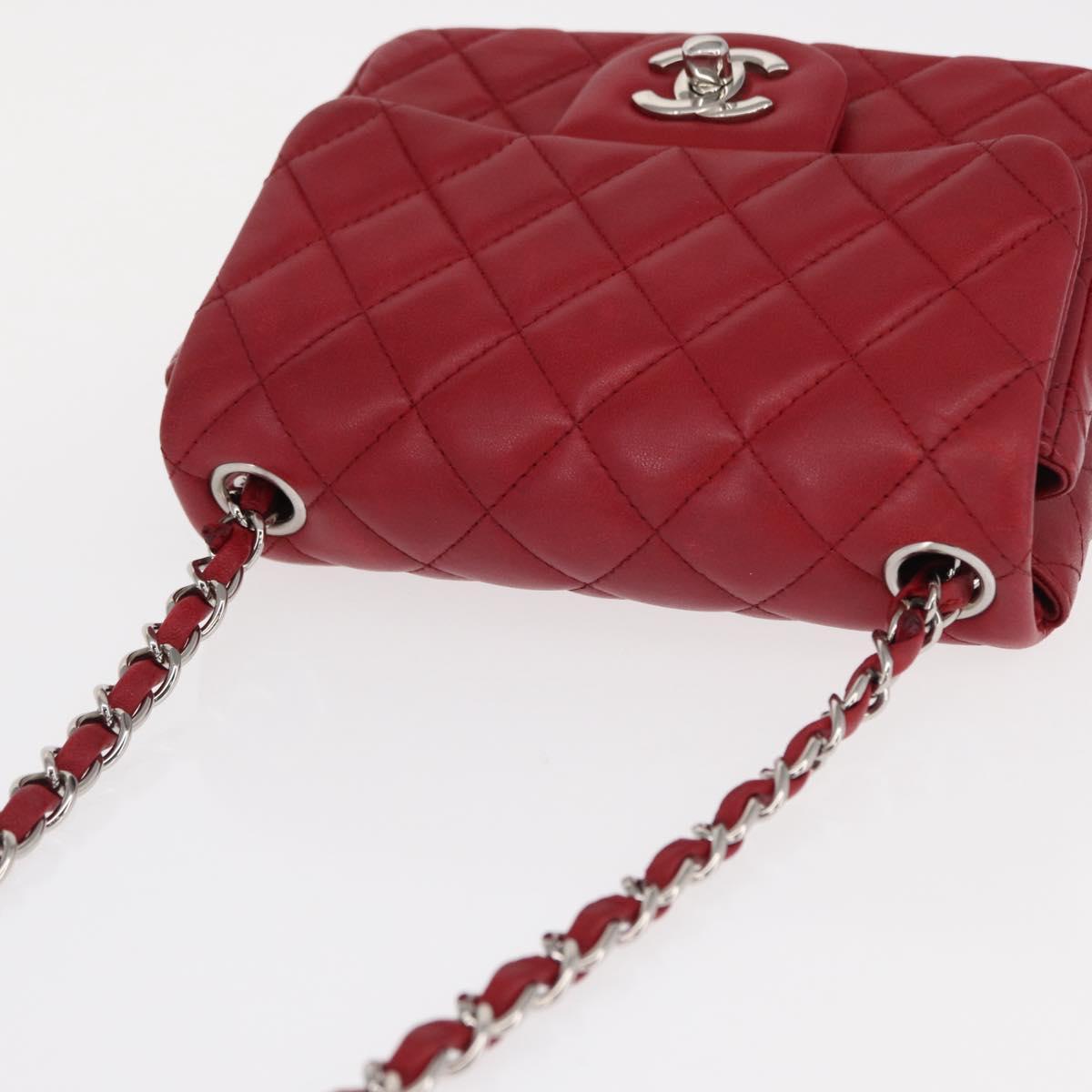 CHANEL Mini Materasse 17 Chain Shoulder Bag Lamb Skin Red Silver CC Auth 152236V