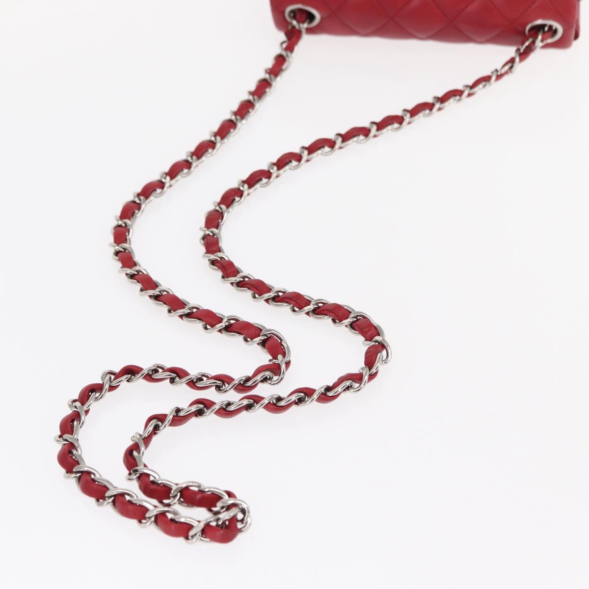 CHANEL Mini Materasse 17 Chain Shoulder Bag Lamb Skin Red Silver CC Auth 152236V