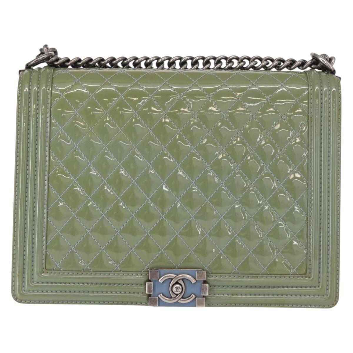 CHANEL Chain Boy Chanel Shoulder Bag Patent leather Green Blue CC Auth 152239