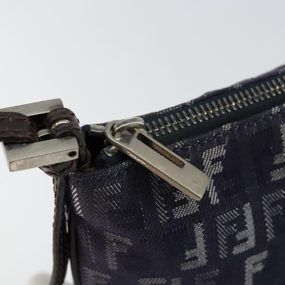 FENDI Zucchino Canvas Shoulder Bag Navy Silver Auth 152243