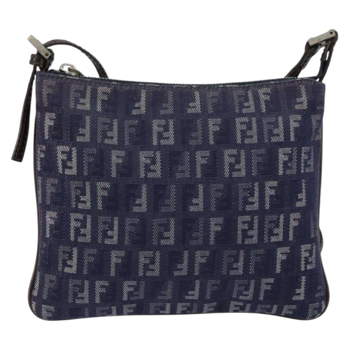 FENDI Zucchino Canvas Shoulder Bag Navy Silver Auth 152243
